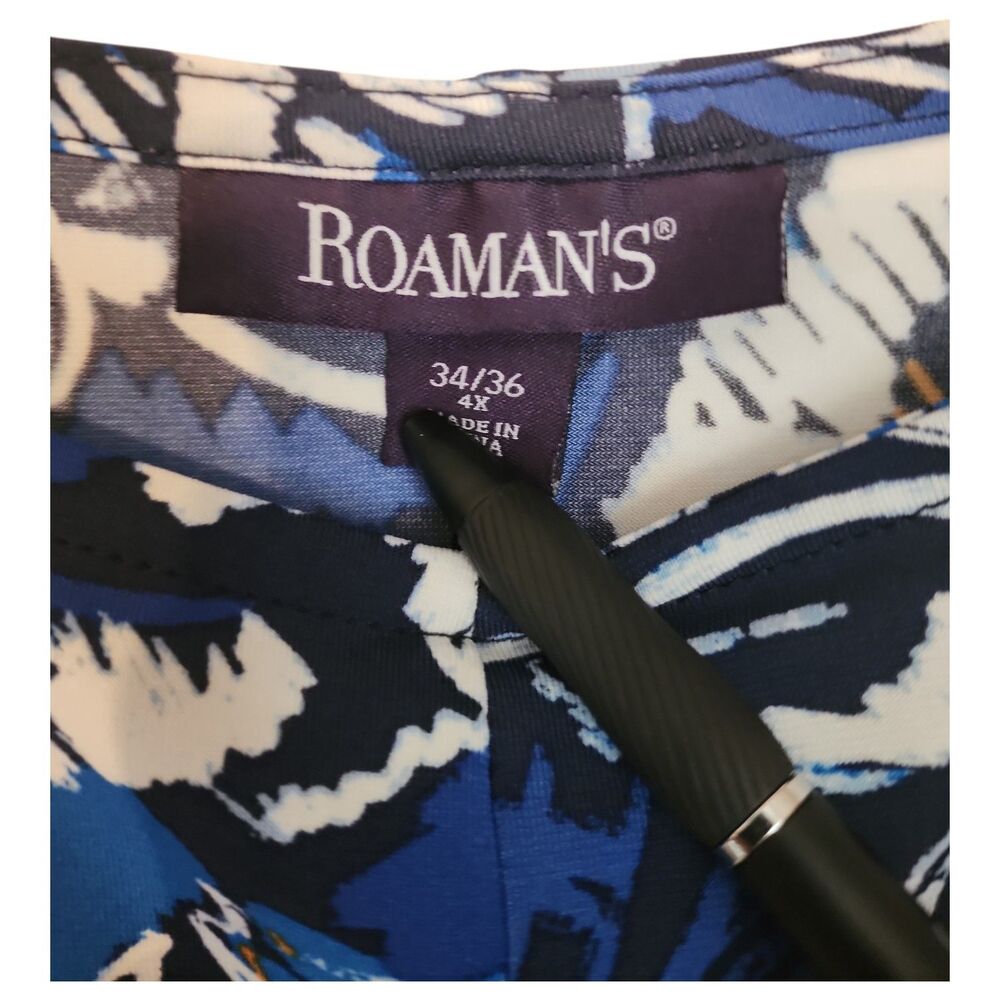Roamans Swing Dress Woman's Plus size 4X 3/4 sleeve Boatneck Blue White Floral - Picture 2 of 5